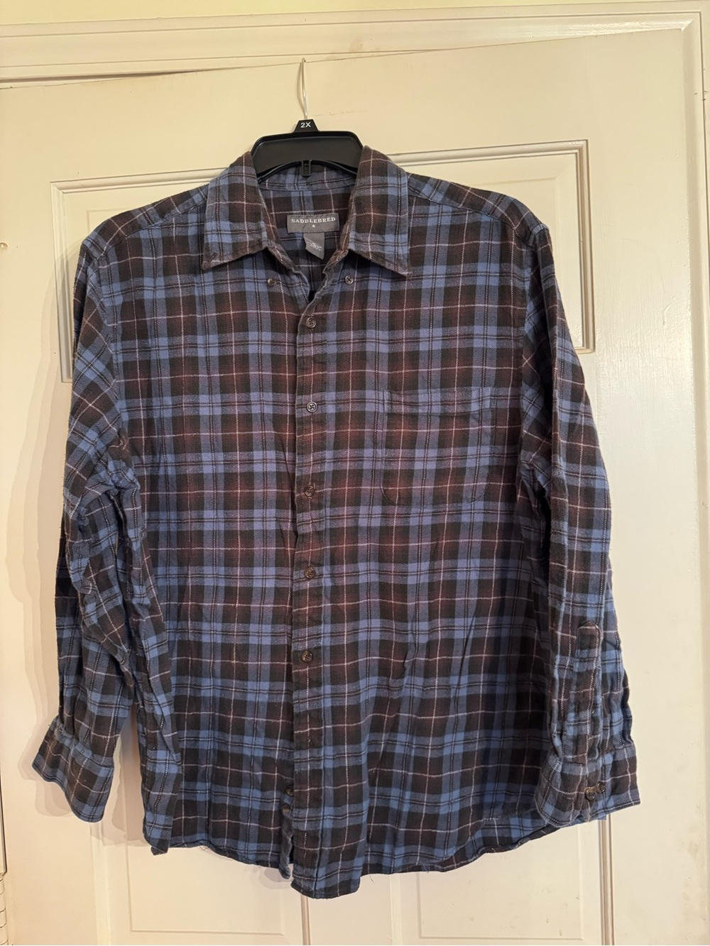 Flannel Saddlebred Blue and Brown Plaid Casual Button-Down Shirt